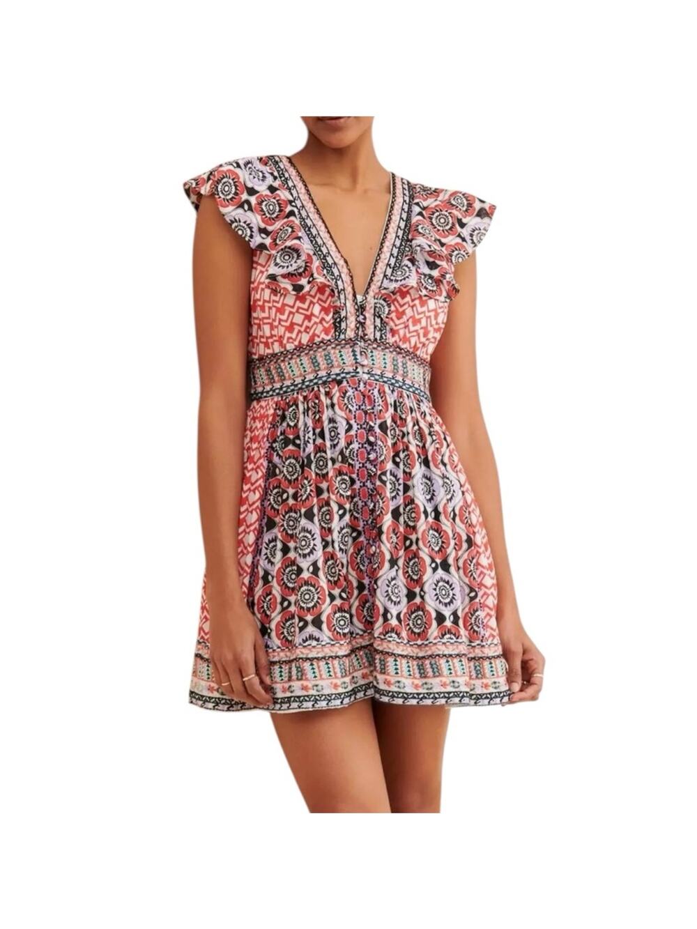 Anthropologie Flutter Printed Mini Dress Size 4 Boho Beaded Button Down